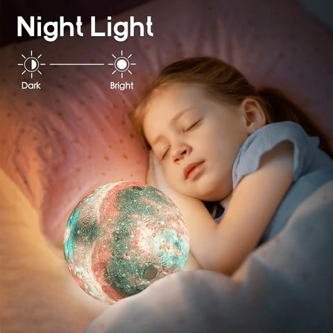 Child sleeping with 7.1 Inch Galaxy Moon Lamp 3D Printed Moon With NASA Imagery, 16 Color Changes, USB Rechargeable by bedside