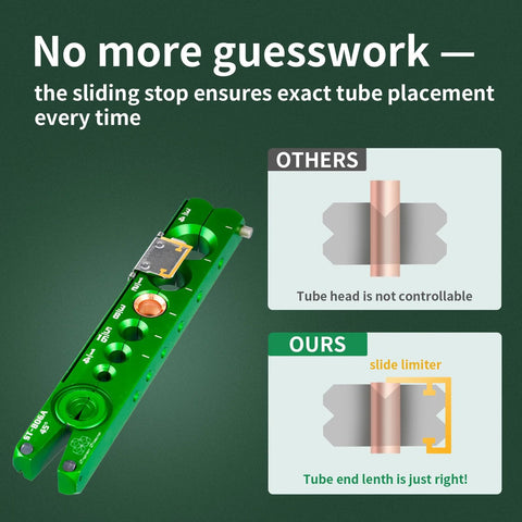 Green HVAC flare tool for 1/4–3/4 in copper tubing, with slide limiter and metal flare head