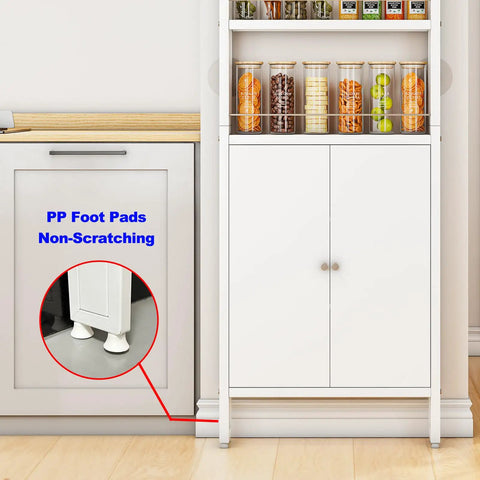 White floor-standing cabinet with shelves, jars, and PP foot pads for non-scratching close-up, placed by a kitchen cabinet.