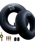 Two Pack Heavy Duty Universal Inner Tubes 15x6-6 And 15x5.00-6 With TR-13 Straight Valve, accessories, and caps.