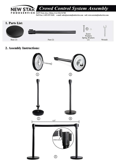 Round Top Brass Plated Stanchions Set Of 2 Posts With 79.5-Inch Velvet Rope For Crowd Control assembly instructions and parts list
