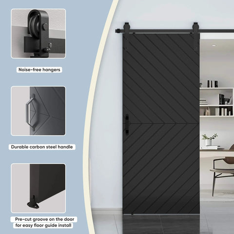36-Inch By 84-Inch Sliding Barn Door With Modern Style, 6-Foot Hardware Kit Included, black finish, installed in interior space