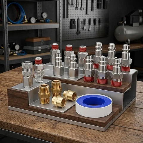 Super Quick Connect Air Coupler Kit For Compressor Tools With Premium Brass And Steel Pneumatic Fitting Set In 1/4 Inch NPT Size For Garage Auto Shop Use To Maximize Workflow Efficiency Today, assorted fittings on display