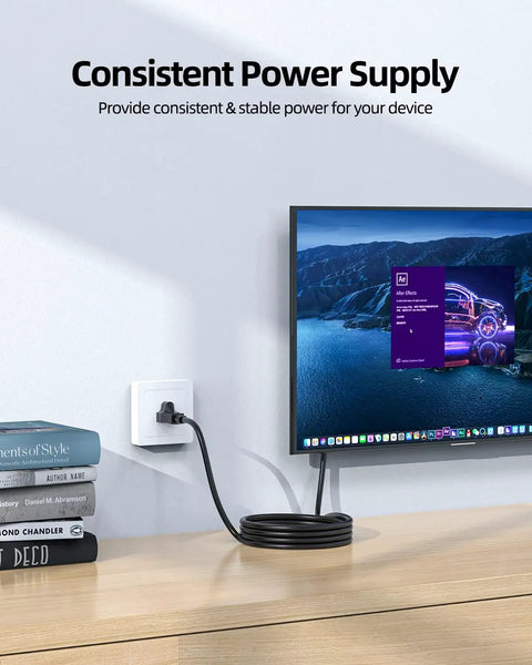 3 Prong AC Power Cord Replacement For Instant Pot And Electric Pressure Cookers Rice Cookers Soy Milk Makers Power Quick Pot Microwaves And Other Kitchen Appliances ETL Listed Copper Core Cable, plugged into a wall socket, powering a monitor on a desk.