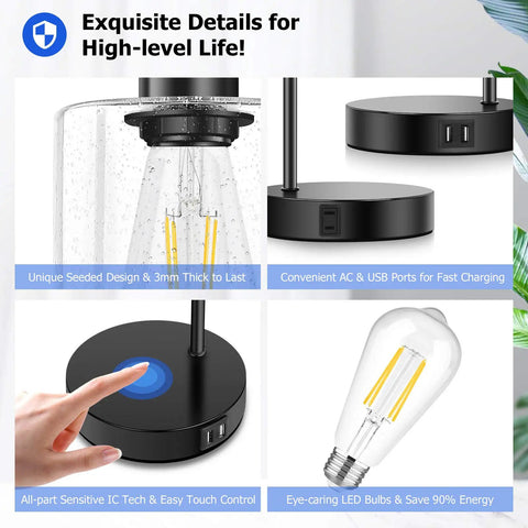 Close-ups of Cool Industrial Seeded Glass Table Lamps Set Of 2 With Touch Control, highlighting USB ports and dimmable bulb.