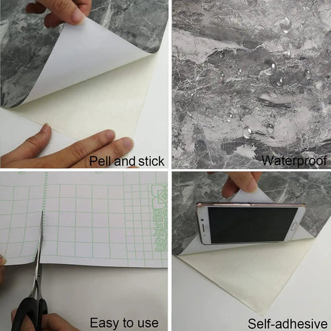 Four-step process of applying Gray Marble Look Contact Paper Peel And Stick Countertop Wrap for kitchen and bathroom surfaces.