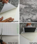 Collage showing Grey Marble Peel And Stick Wallpaper Matte Thickened Waterproof And Oil Resistant Adhesive Countertop Vinyl Paper For Kitchen DIY Backsplash Bathroom TV Backdrop Easy Peel And Stick Install 32x315 Inch in use.