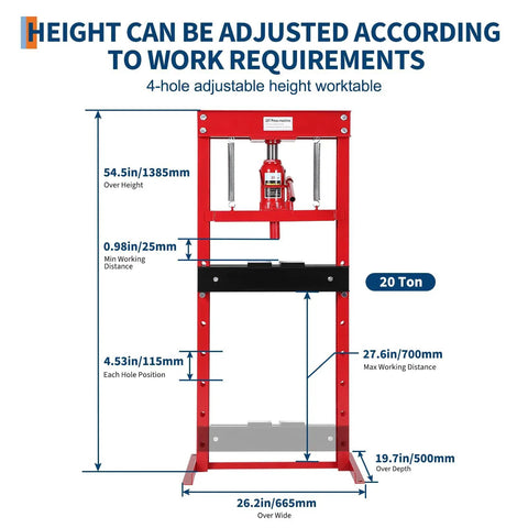 20 Ton Hydraulic H Frame Shop Press Red Heavy Duty Steel Workhorse With No Sweat Pumping And Powder Coated Shield for adjustable height
