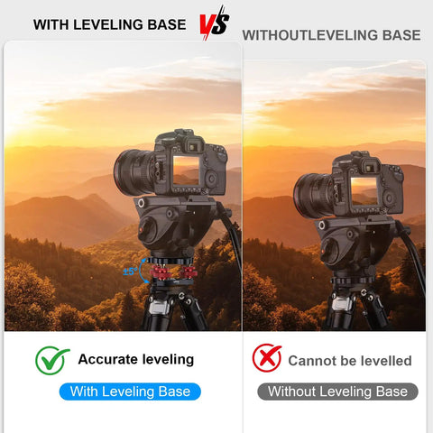Comparison of DSLR cameras on Tripod Leveler Stand With Five Degree Precision Adjustment Bracket For Seestar S50 Panoramic Head Ball Head And Video Head Easy Locking Dials Built In Bubble Levels Stable Leveling Base For Cameras, showing leveling effect