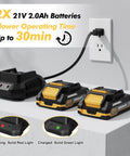 Cordless Leaf Blower With Dual Batteries And Charger, 21V Electric Power, batteries on charger with plug in wall outlet
