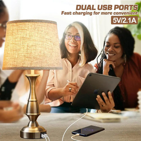 Tall Rustic Bedside Lamp With 2 USB Ports, 3-Way Dimmable Touch Control in farmhouse decor setting with charging devices
