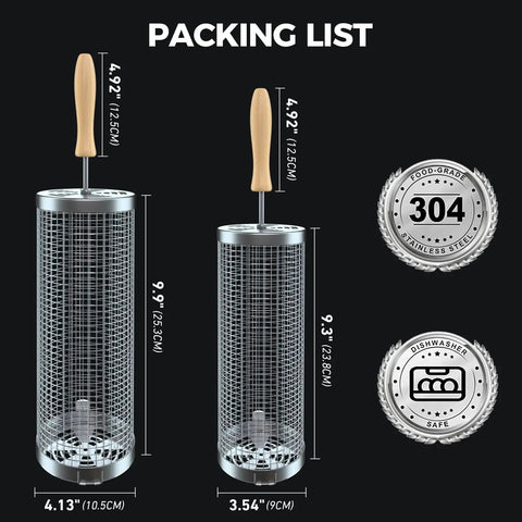 Two Piece Rolling Grill Basket With Removable Wood Handles, 304 Stainless Steel Mesh, dimensions and safety icons displayed