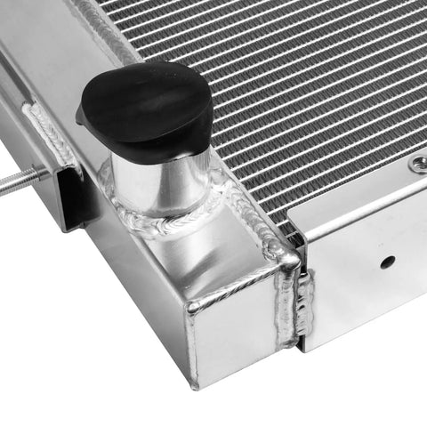 Close-up of the Top Shelf Four Row Aluminum Radiator For JLG Boom Lifts Scissor Lifts And Telehandlers with black cap.