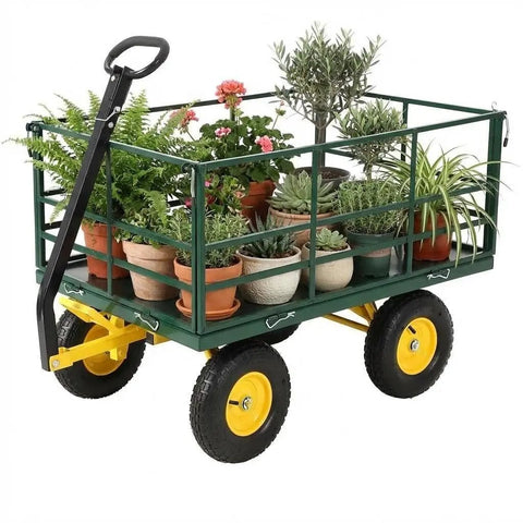 Heavy Duty 4 In 1 Steel Garden Cart Workhorse with 1500 lb capacity, 13-inch all-terrain wheels, dark green frame, yellow hubs loaded with plants.