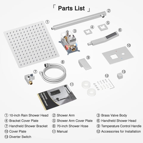 Parts list for 10 Inch Rain Shower Head System With Handheld Spray, High Pressure Wall Mounted Brushed Nickel Shower Valve Set