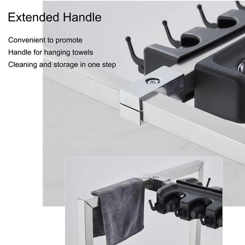 Close-up of extended handle on Mop And Broom Holder With Wheels For A Grab And Go Cleaning Cart That Keeps Tools Dry