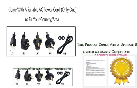 International AC power cords for 12V DC Power Adapter, includes US, EU, UK, and AU types with warranty certificate.