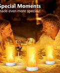 Two Pack LED Flame Lights With USB Rechargeable Battery, Remote And Timer, Waterproof Dimmable Flameless Candles on dinner table