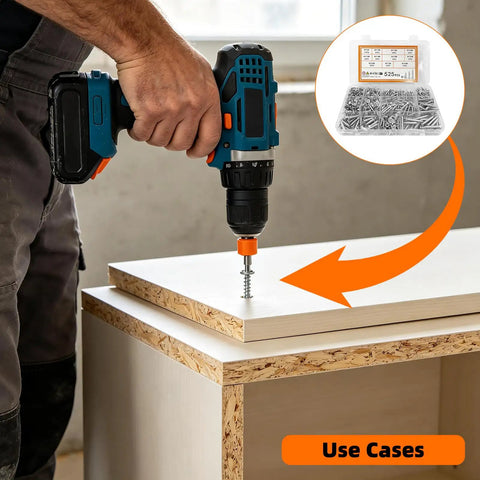 Person using drill with 525 Piece Self Tapping Screws Set M3 M4 M5 Phillips Flat Head Wood Screws for woodworking.
