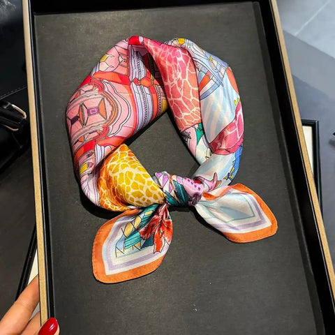 Giraffe Print Silk Scarf 53x53cm Silk Luxury Accessory For Women Hair And Bag Decoration, vibrant colors in black box