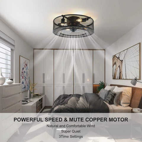 Caged Ceiling Fan With Lights 18 Inch Low Profile Flush Mount With Remote Control Slick Industrial Style for bedrooms
