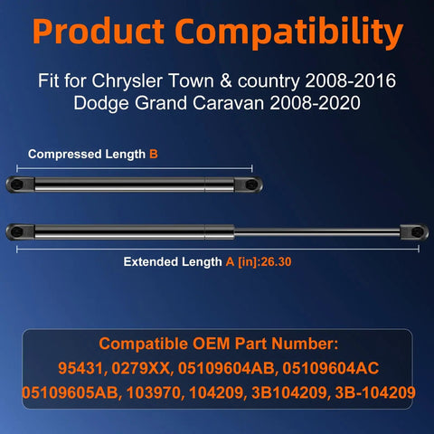 Liftgate Replacement Lift Supports for Chrysler Town and Country 2008-2016 and Dodge Grand Caravan 2008-2020, dimensions shown