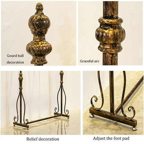 Close-up details of gourd ball decoration and adjustable foot pad on Vintage Bronze Coat Rack With Shelf Freestanding Clothes Rack Industrial Garment Hanger For Hallway And Bedroom Hat Handbag Organizer Durable Metal Home Storage Solution