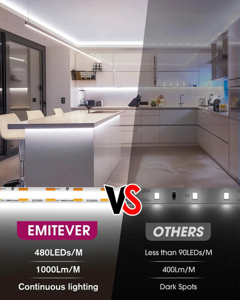 Comparison of Cob LED Strip Lights Dope Cool White 32.8ft 5000K Ra 90 Plus High Density Tape Light in kitchen vs others