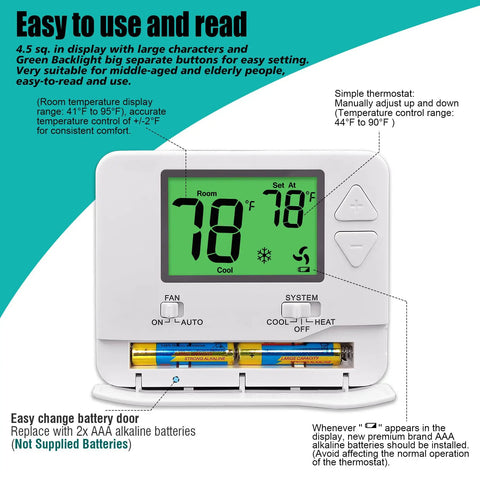Non Programmable Home Thermostat with green backlight display showing temperature, buttons for fan and system settings, battery compartment open.