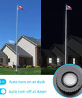 Dusk To Dawn 30W Outdoor LED Spotlight with Photocell Sensor illuminating flagpole at night and day, auto on/off feature shown.