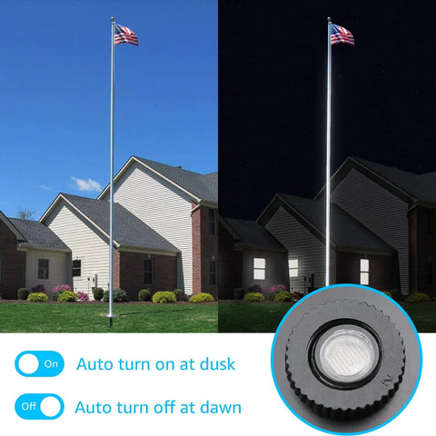 Dusk To Dawn 30W Outdoor LED Spotlight with Photocell Sensor illuminating flagpole at night and day, auto on/off feature shown.