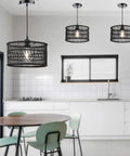Kitchen setting with Boho Rattan Chandelier Pendant Light For Dining Room And Kitchen Island, handwoven Burmese rattan, black finish.