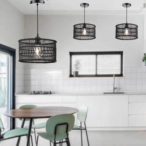 Kitchen setting with Boho Rattan Chandelier Pendant Light For Dining Room And Kitchen Island, handwoven Burmese rattan, black finish.