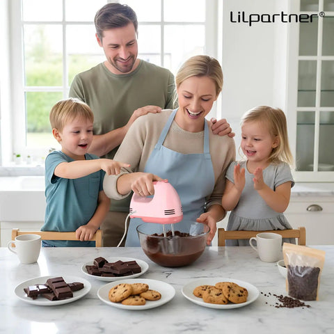 Family using Hand Mixer Electric With Seven Speeds And Five Stainless Attachments Copper Motor Power Dishwasher Safe 304 Parts Whisk Beaters And Dough Hooks Light Pink Easy Cleanup Kitchen Must Have For Home Cooks, preparing chocolate batter in kitchen.