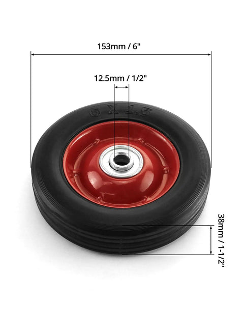 Two Pack Six Inch Hand Truck Wheel With Half Inch Axle Premium Rubber Wheel Ball Bearing Smooth Roll Each Wheel Handles Up To 88 Lbs Pair Up To 176 Lbs Heavy Duty Cart Replacement Wheel Set, showing dimensions.