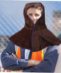 Person wearing Five Pack Cowhide Welding Hood Cap And Neck Drape For Welders And Metalworkers, heavy duty head cover.