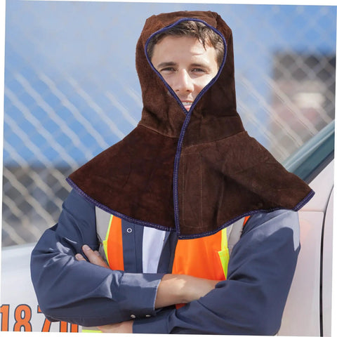 Person wearing Five Pack Cowhide Welding Hood Cap And Neck Drape For Welders And Metalworkers, heavy duty head cover.