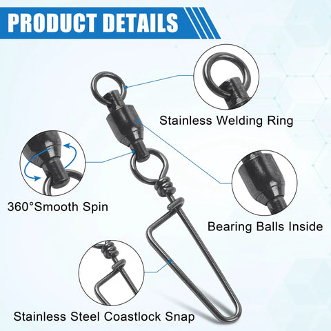 Ball Bearing Swivel With Coastlock Snaps Stainless Steel Fishing Tackle For Quick Change Lures And Leaders Smooth Rotation For Trolling Spinning Bottom Fishing And Rig Setups, black swivel close-up
