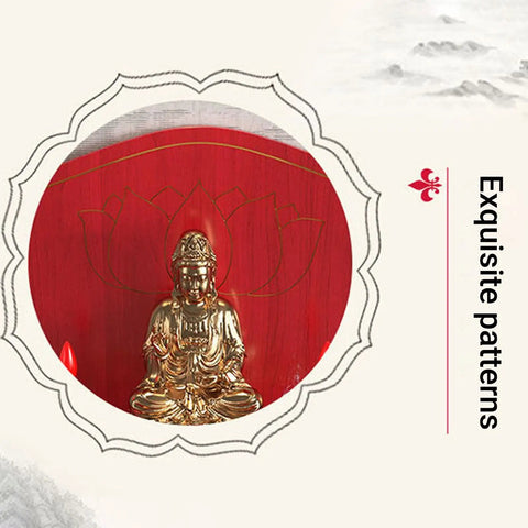 Wall Mounted Buddha Altar Shelf With Lotus Carving And Metal Brackets For Home Meditation And Prayer, golden Buddha statue