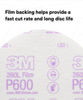Close-up of Hookit Finishing Film Abrasive Disc 6 Inch 600 Grit Plus, 100 Pack, showing tear-resistant film backing.