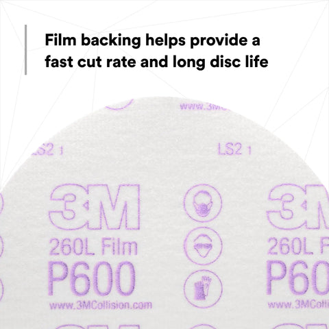 Close-up of Hookit Finishing Film Abrasive Disc 6 Inch 600 Grit Plus, 100 Pack, showing tear-resistant film backing.