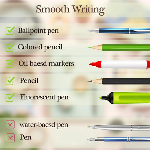 Comparison chart with ballpoint pen, colored pencil, oil-based marker, pencil, fluorescent pen, and notes on smooth writing.