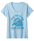 Womens Vintage Locomotive V Neck T Shirt Packed With Badass Railroad Graphics And Yellowstone Adventure Vibes, light blue tee with train graphic.