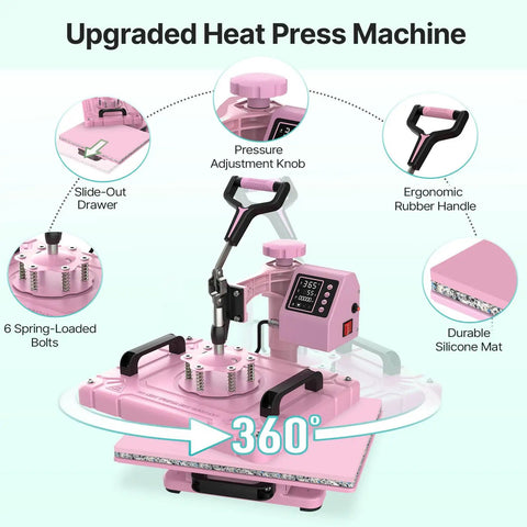 5 In 1 Swing Away Heat Press Machine 12 X 15 Inch Digital T Shirt Press Combo with pressure adjustment, slide-out drawer, rubber handle.
