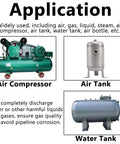 Diagram showing applications of air compressor, air tank, and water tank for the Brass Air Compressor Drain Valve Ball Valve With Lever Handle.