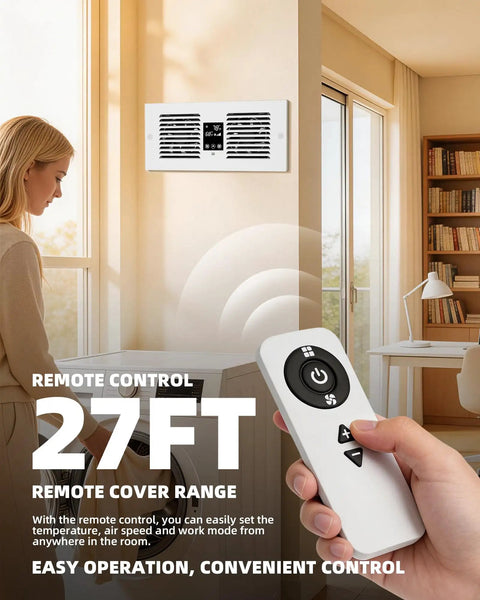 Room To Room Air Transfer Vent Fan With Remote And Temp Control Cranking 300 CFM Through Wall Exhaust in living room setting