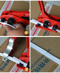 Top Shelf Heavy Duty Manual Strapping Tool For Plastic Strap Crushes Heavy Lifting Tasks Without A Sweat Built In Tensioner Sealer And Cutter For Half To Three Quarter Inch Bands securing white strap on cardboard box.