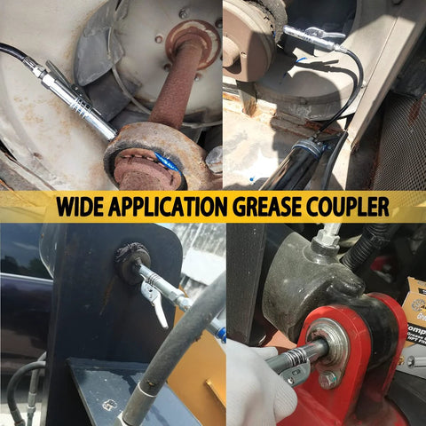 AORRZER 2-pack grease gun couplers with 1/8 in NPT fittings, chrome finish, shown attached to multiple grease fittings.