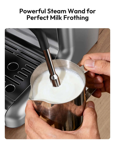 Espresso Machine With Built In Grinder And Milk Frother 20 Bar Coffee Maker For Home Baristas steaming milk in jug
