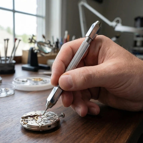 Using Top Shelf 6 Piece Double Ended Pin Vise Kit For Jewelry Making to work on watch gears.